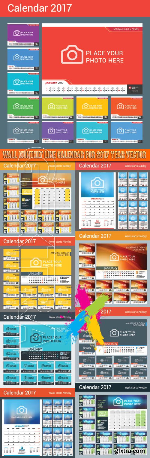 Wall Monthly Line Calendar for 2017 Year vector