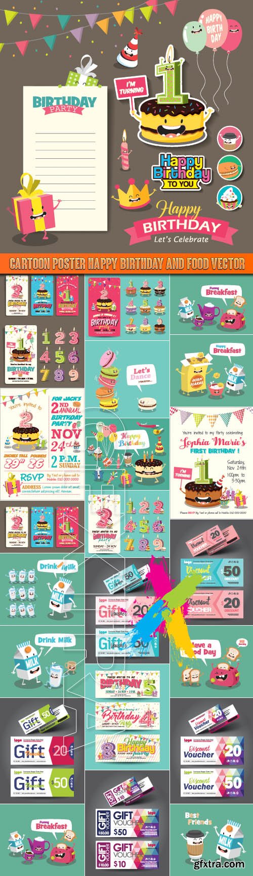 Cartoon poster happy birthday and food vector