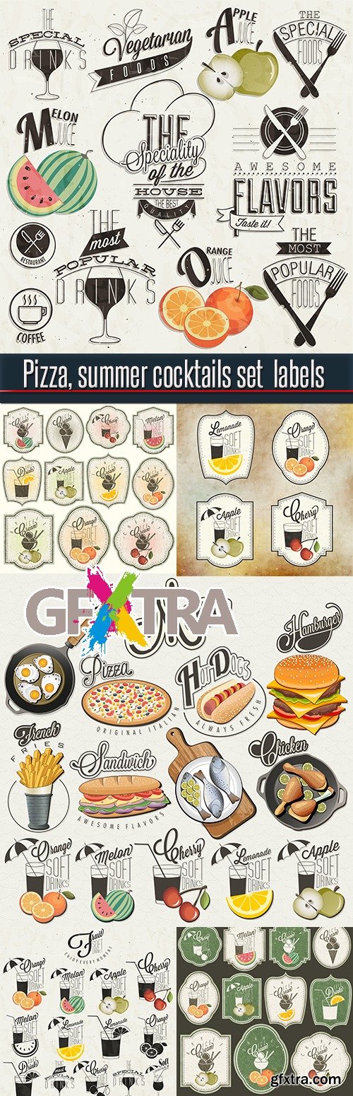 Pizza, summer cocktails set labels