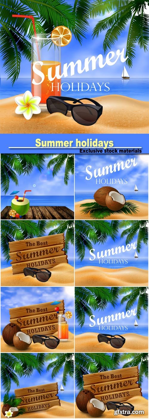 Summer holidays, vector backgrounds with coconuts