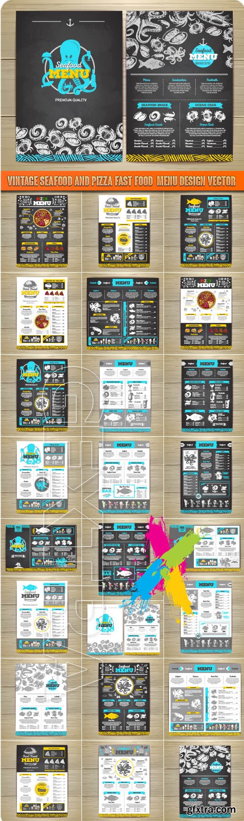 Vintage seafood and pizza fast food menu design vector