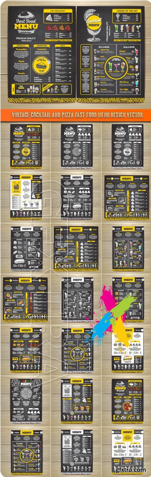 Vintage cocktail and pizza fast food menu design vector