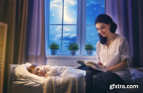 Mother reading a book, girl sleeping in the bed, nightmare for children