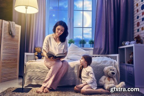 Mother reading a book, girl sleeping in the bed, nightmare for children