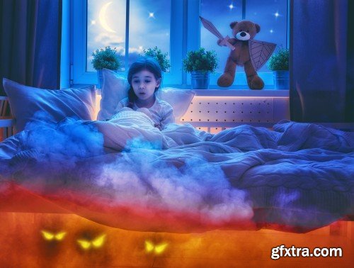 Mother reading a book, girl sleeping in the bed, nightmare for children