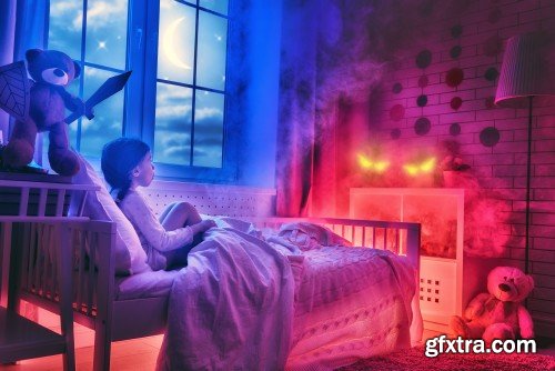 Mother reading a book, girl sleeping in the bed, nightmare for children