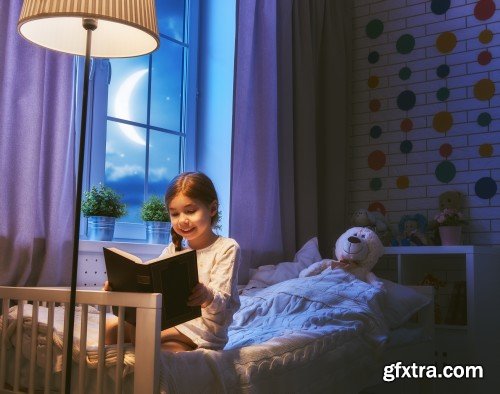 Mother reading a book, girl sleeping in the bed, nightmare for children