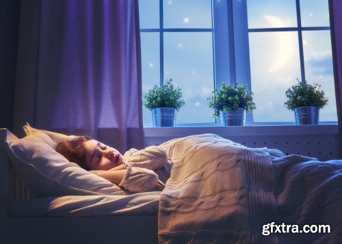 Mother reading a book, girl sleeping in the bed, nightmare for children