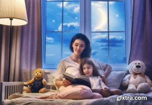 Mother reading a book, girl sleeping in the bed, nightmare for children