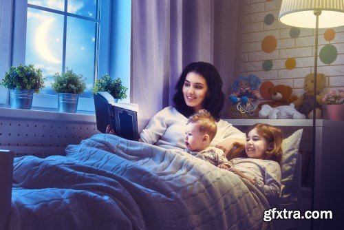 Mother reading a book, girl sleeping in the bed, nightmare for children