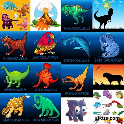 Collection of dinosaur fossil reptile amphibian animal lizard 25 EPS