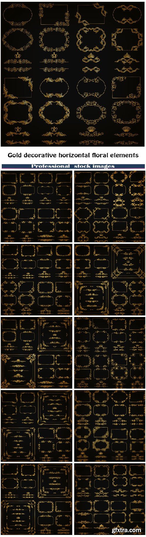 Set of gold decorative horizontal floral elements