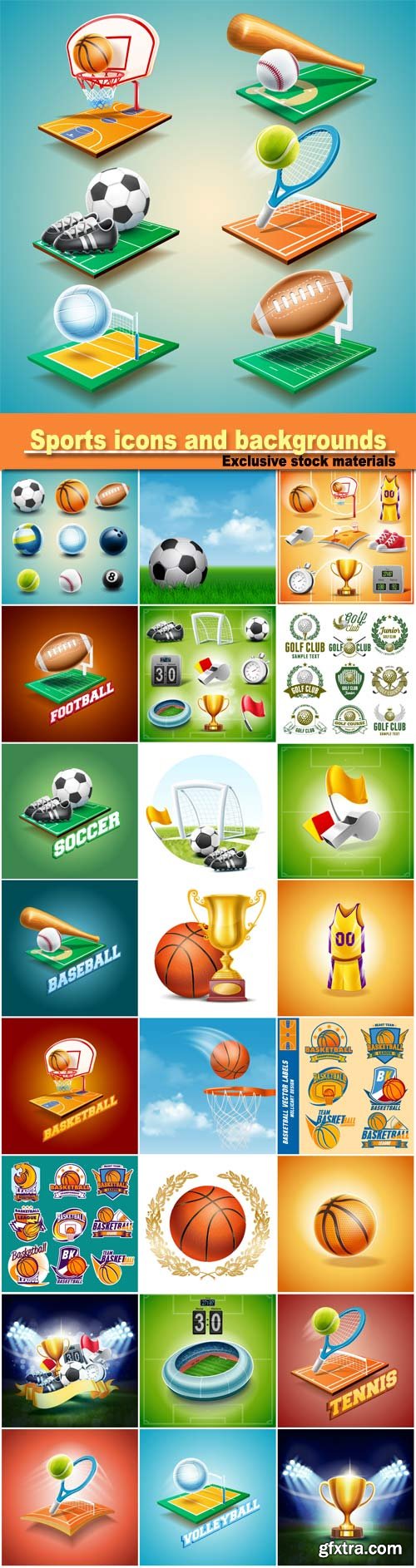 Sports icons and backgrounds vector, football, basketball, golf, baseball