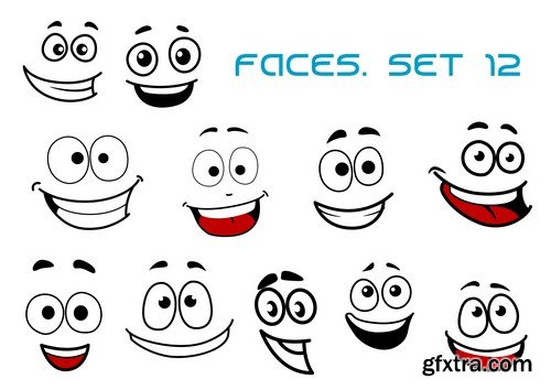 Cartoon of various face expressions 12X EPS