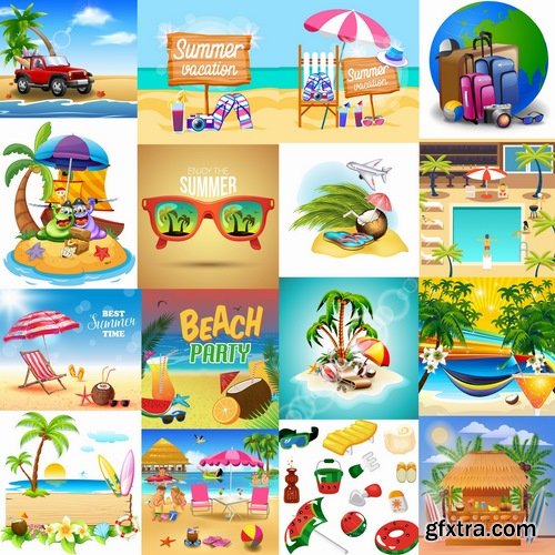 Collection of summer holiday beach vacation cocktail poster flyer journey palm banner 25 EPS