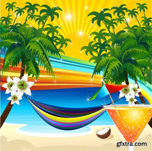 Collection of summer holiday beach vacation cocktail poster flyer journey palm banner 25 EPS