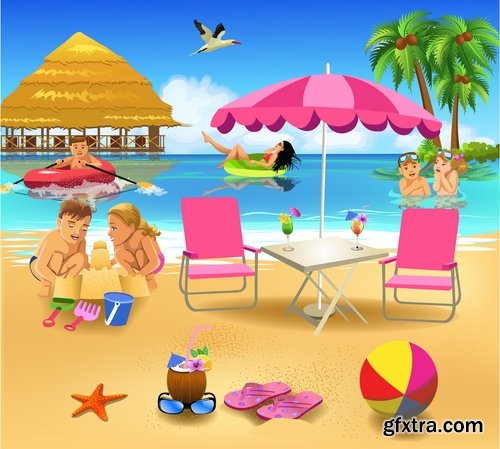 Collection of summer holiday beach vacation cocktail poster flyer journey palm banner 25 EPS