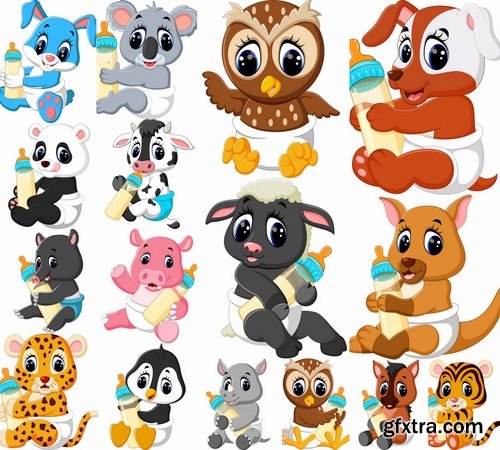 Collection of cartoon animal with a bottle of milk vector image 25 EPS