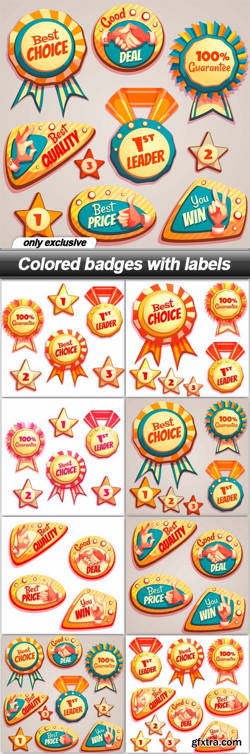 Colored badges with labels - 8 EPS