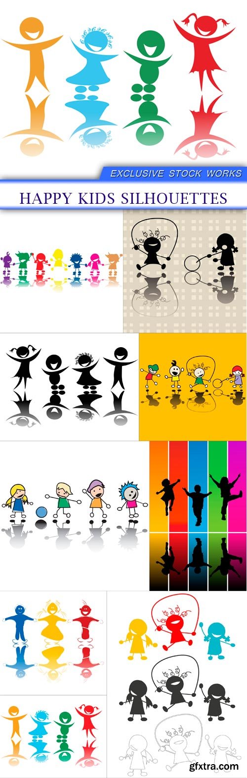 Happy kids silhouettes 9X EPS