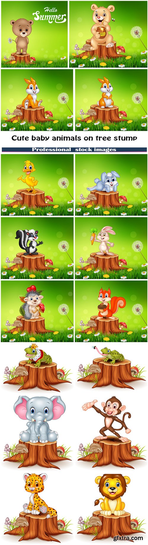 Cute baby animals on tree stump