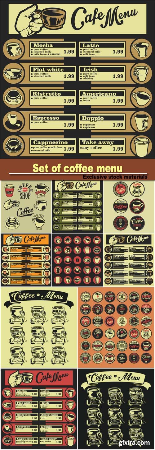 Set of coffee menu with a cups of coffee drinks illustrations