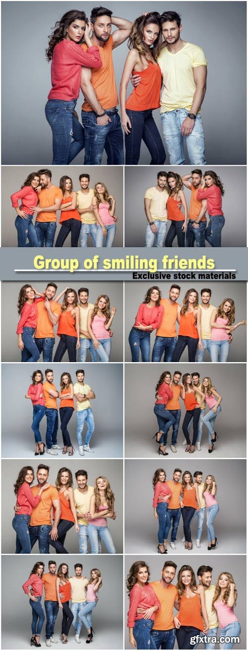 Group of smiling friends in fashionable clothes