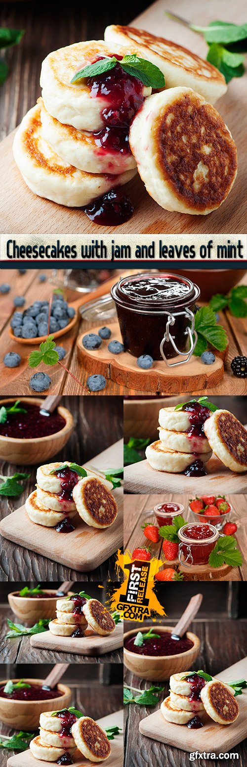 Cheesecakes with jam and leaves of mint