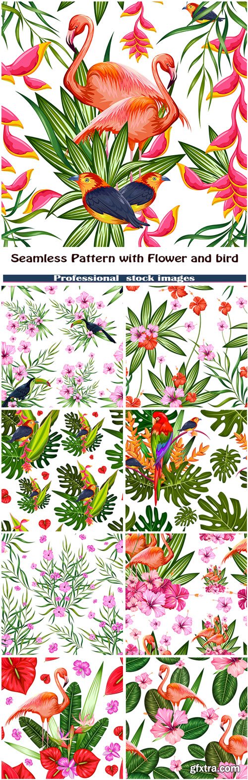 Seamless Pattern with Exotic Tropical Flower and colorful bird