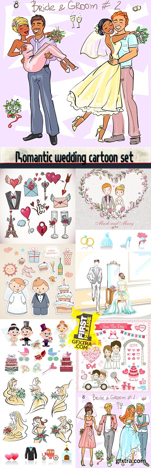 Romantic wedding cartoon set