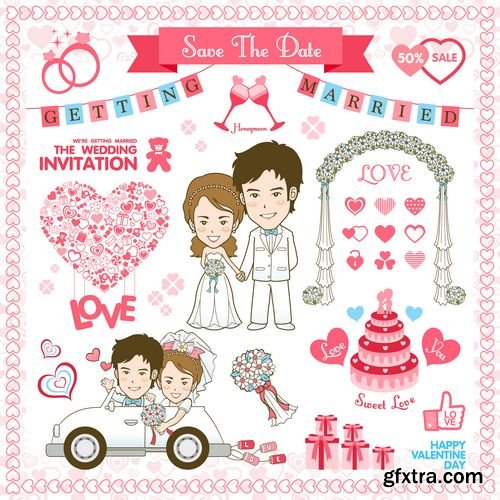 Romantic wedding cartoon set