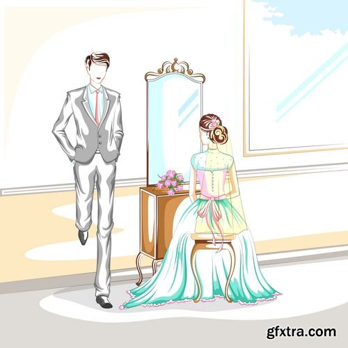 Romantic wedding cartoon set