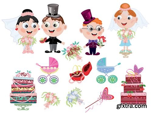 Romantic wedding cartoon set