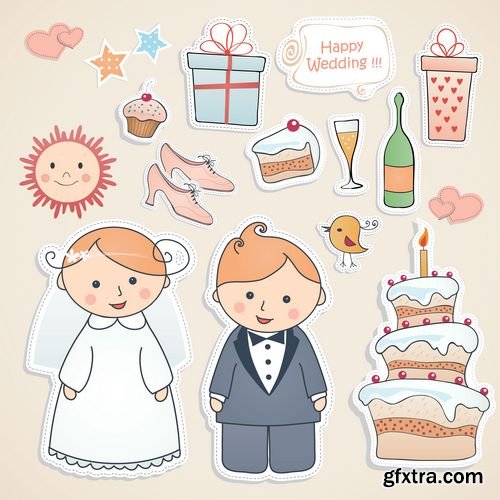 Romantic wedding cartoon set