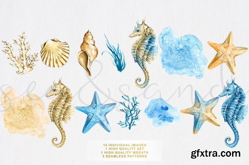 CreativeMarket Sun and Sand - Watercolor Sea 679139