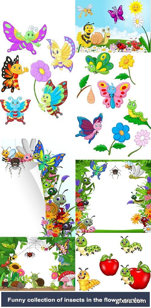 Funny collection of insects in the flower garden