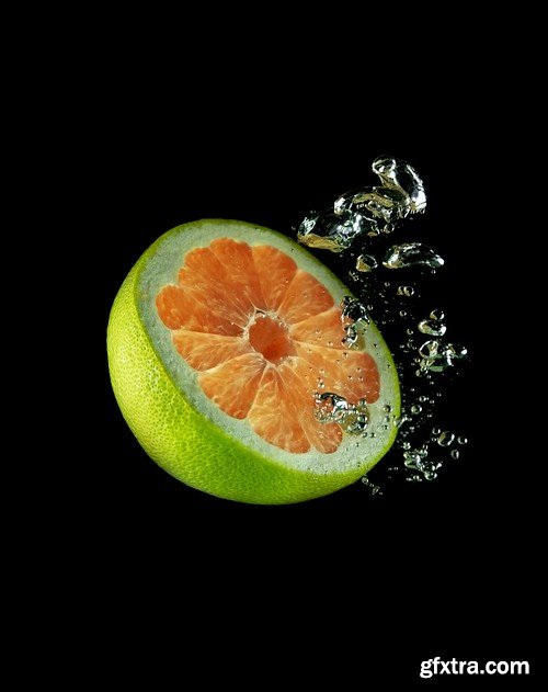 Fruit in water on black background-5xJPEGs