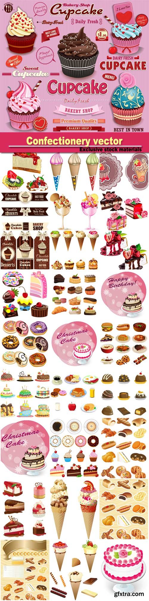 Confectionery vector, muffins, cakes and cake, ice cream