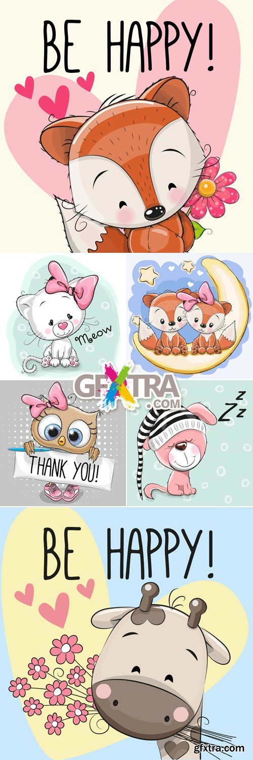 Postcards with Cute Animals Vector