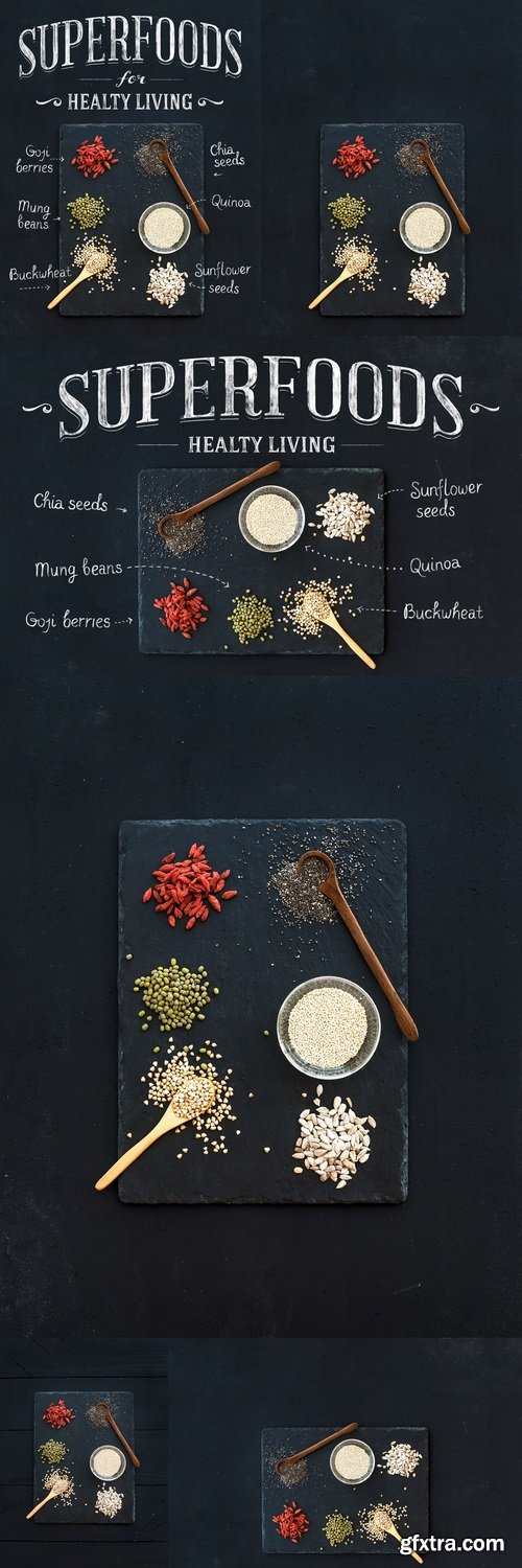 Superfoods on black chalkboard background