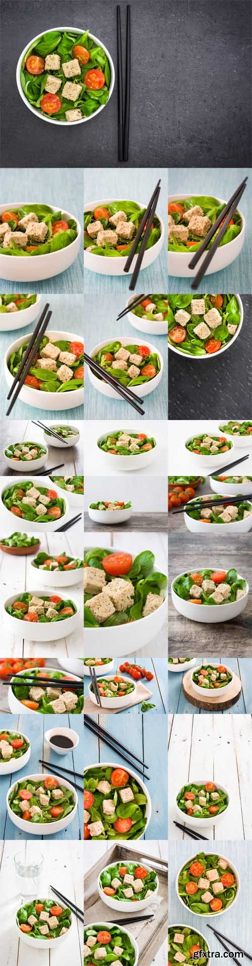 Photo stock - Vegan tofu salad with tomatoes and lamb's lettuce on slate