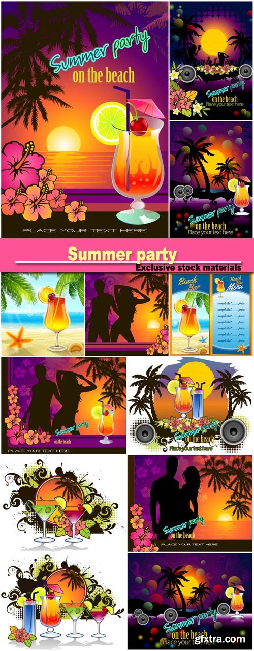 Summer party, vector background with cocktails