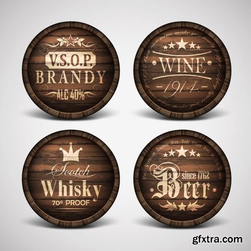 Grape wine and labels wooden barrels