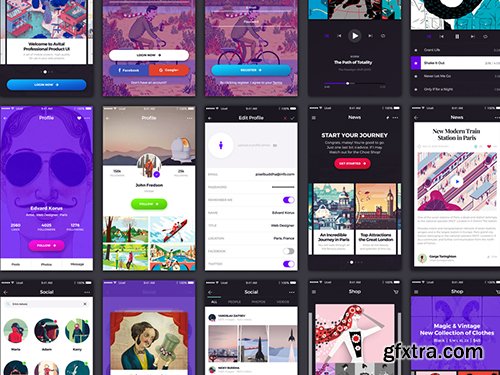 PSD, SKETCH Mobile App Ui Kit - Avital