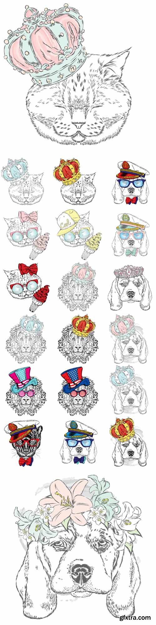 Vector Set - Cute Drawn Illustrations Cat, Dog, Lion for Print