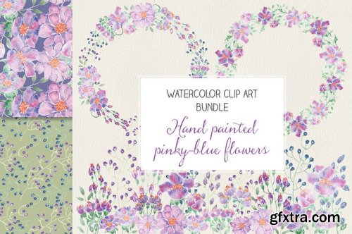 CreativeMarket Watercolor bundle: pinky-blue blooms 682426