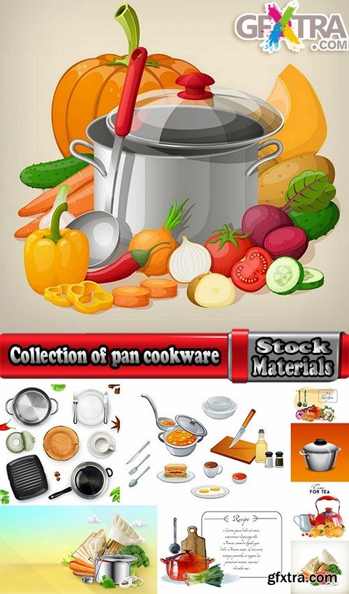 Collection of pan cookware with food 25 EPS