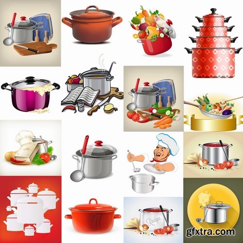 Collection of pan cookware with food 25 EPS