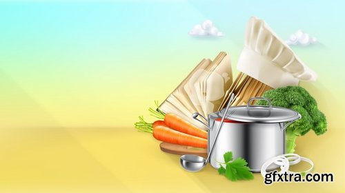 Collection of pan cookware with food 25 EPS