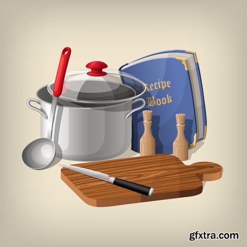 Collection of pan cookware with food 25 EPS